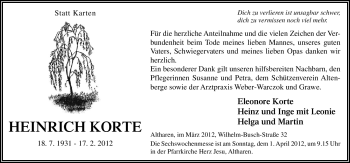 Traueranzeige von Heinrich Korte von Neue Osnabrücker Zeitung