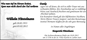 Traueranzeige von Wilhelm Hüntelmann von Neue Osnabrücker Zeitung