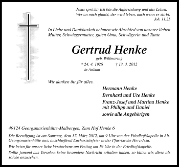 Traueranzeige von Gertrud Henke von Neue Osnabrücker Zeitung