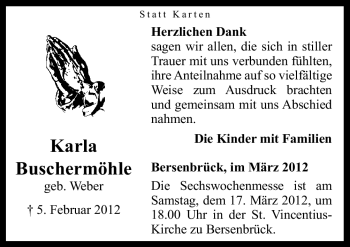 Traueranzeige von Karla Buschermöhle von Neue Osnabrücker Zeitung