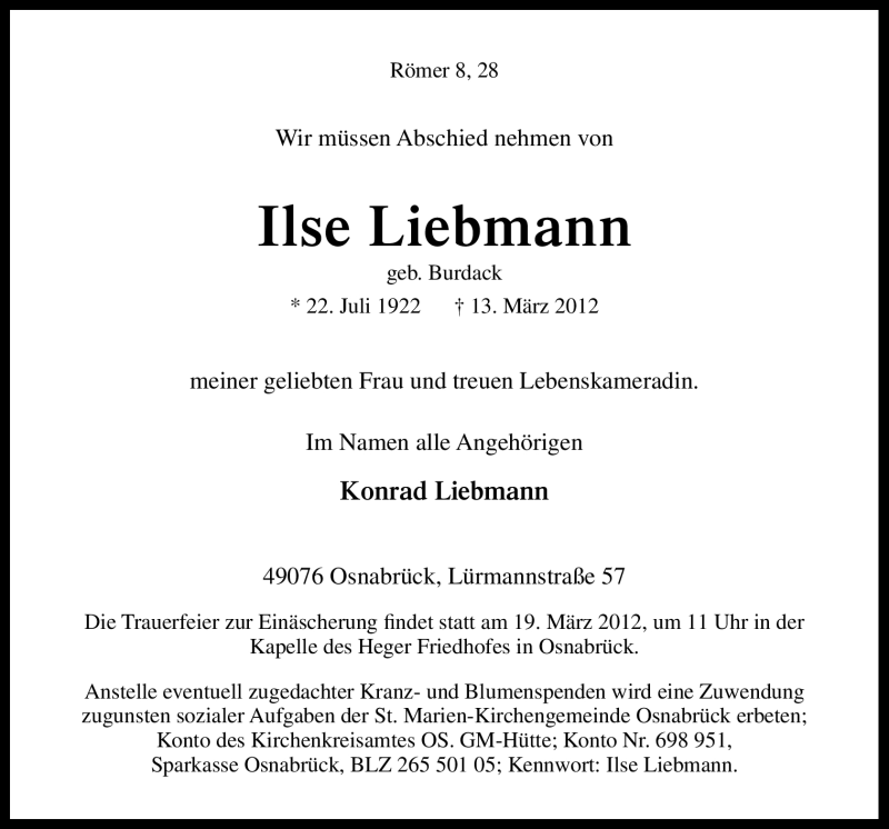 Traueranzeigen von Ilse Liebmann | noz Trauerportal