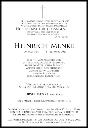Traueranzeige von Heinrich Menke von Neue Osnabrücker Zeitung