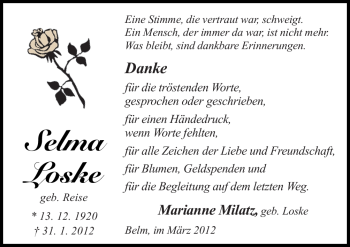 Traueranzeige von Selma Loske von Neue Osnabrücker Zeitung