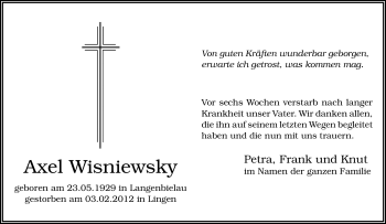 Traueranzeige von Axel Wisniewsky von Neue Osnabrücker Zeitung