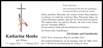 Traueranzeige von Katharina Menke von Neue Osnabrücker Zeitung