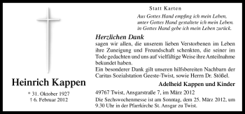 Traueranzeige von Heinrich Kappen von Neue Osnabrücker Zeitung