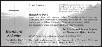 Traueranzeige von Bernhard Schmitz von Neue Osnabrücker Zeitung