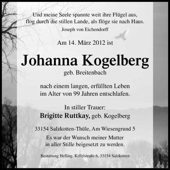 Traueranzeige von Johanna Kogelberg von Neue Osnabrücker Zeitung