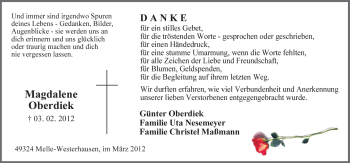 Traueranzeige von Magdalene Oberdiek von Neue Osnabrücker Zeitung