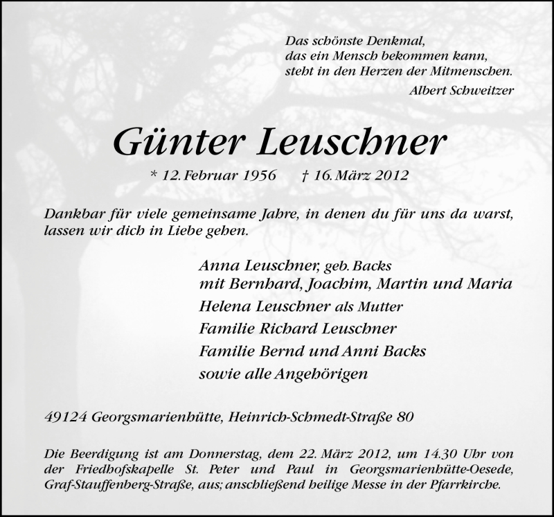  Traueranzeige für Günter Leuschner vom 20.03.2012 aus Neue Osnabrücker Zeitung