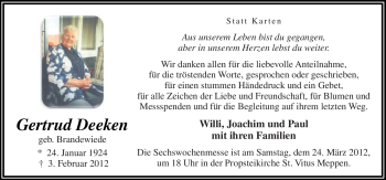 Traueranzeige von Gertrud Deeken von Neue Osnabrücker Zeitung