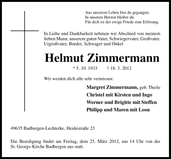 Traueranzeige von Helmut Zimmermann von Neue Osnabrücker Zeitung