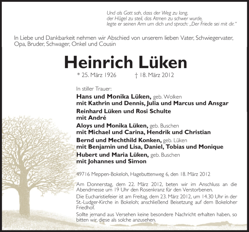  Traueranzeige für Heinrich Lüken vom 21.03.2012 aus Neue Osnabrücker Zeitung