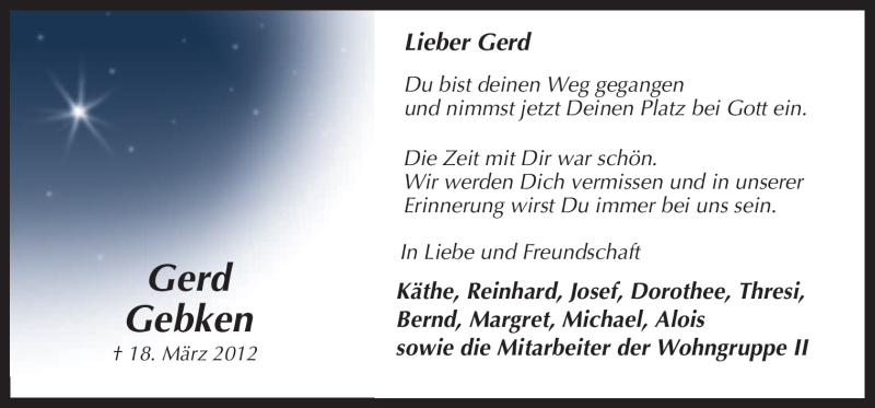  Traueranzeige für Gerd Gebken vom 21.03.2012 aus Neue Osnabrücker Zeitung