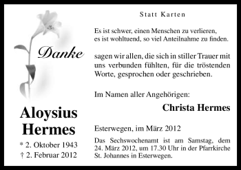 Traueranzeige von Aloysius Hermes von Neue Osnabrücker Zeitung