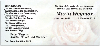 Traueranzeige von Maria Weymar von Neue Osnabrücker Zeitung