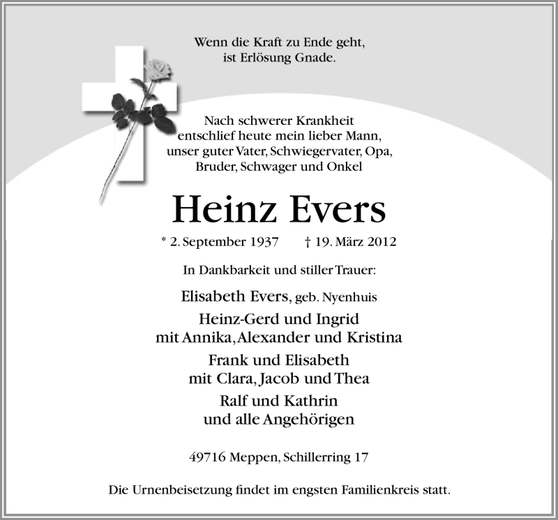  Traueranzeige für Heinz Evers vom 24.03.2012 aus Neue Osnabrücker Zeitung