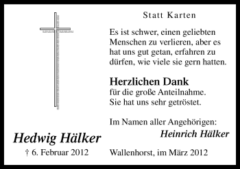 Traueranzeige von Hedwig Hälker von Neue Osnabrücker Zeitung