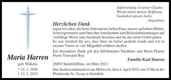 Traueranzeige von Maria Harren von Neue Osnabrücker Zeitung