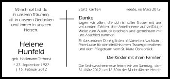 Traueranzeige von Helene Hunfeld von Neue Osnabrücker Zeitung