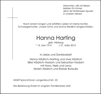 Traueranzeige von Hanna Harting von Neue Osnabrücker Zeitung