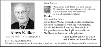 Traueranzeige von Aloys Kölker von Neue Osnabrücker Zeitung
