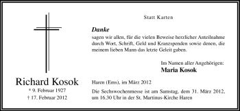 Traueranzeige von Richard Kosok von Neue Osnabrücker Zeitung