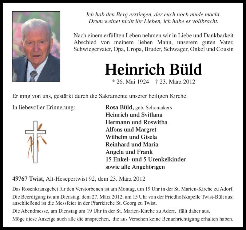  Traueranzeige für Heinrich Büld vom 24.03.2012 aus Neue Osnabrücker Zeitung