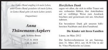 Traueranzeige von Anna Thünemann-Aepkers von Neue Osnabrücker Zeitung