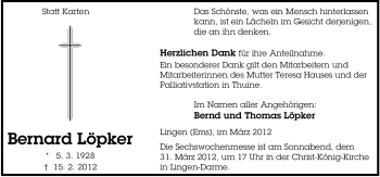 Traueranzeige von Bernard Löpker von Neue Osnabrücker Zeitung