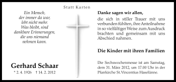 Traueranzeige von Gerhard Schaar von Neue Osnabrücker Zeitung