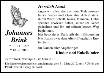 Traueranzeige von Johannes Brink von Neue Osnabrücker Zeitung