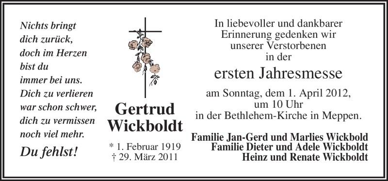  Traueranzeige für Gertrud Wickboldt vom 28.03.2012 aus Neue Osnabrücker Zeitung