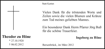 Traueranzeige von Theodor zu Höne von Neue Osnabrücker Zeitung