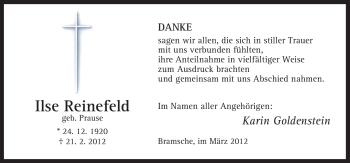 Traueranzeige von Ilse Reinefeld von Neue Osnabrücker Zeitung