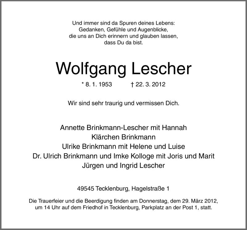  Traueranzeige für Wolfgang Lescher vom 27.03.2012 aus Neue Osnabrücker Zeitung