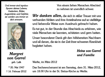 Traueranzeige von Margret von Garrel von Neue Osnabrücker Zeitung