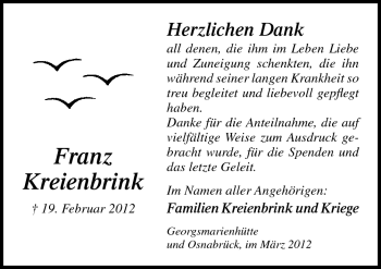 Traueranzeige von Franz Kreienbrink von Neue Osnabrücker Zeitung GmbH & Co. KG