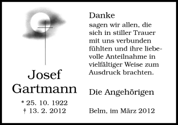 Traueranzeige von Josef Gartmann von Neue Osnabrücker Zeitung GmbH & Co. KG