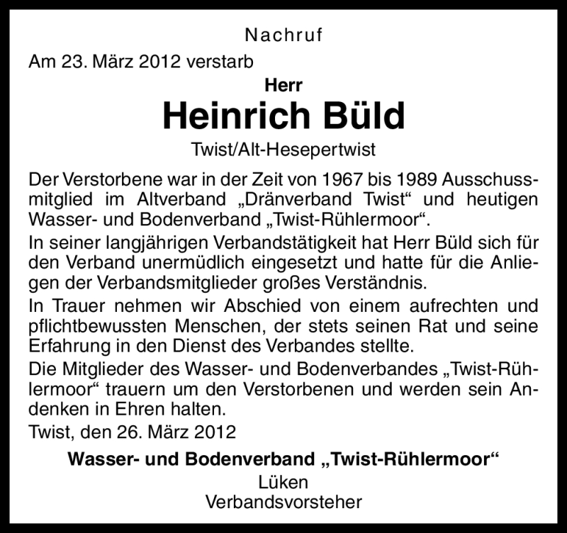  Traueranzeige für Heinrich Büld vom 28.03.2012 aus Neue Osnabrücker Zeitung