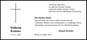 Traueranzeige von Wilhelm Kemner von Neue Osnabrücker Zeitung GmbH & Co. KG