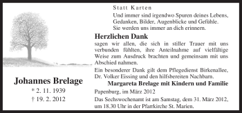 Traueranzeige von Johannes Brelage von Neue Osnabrücker Zeitung