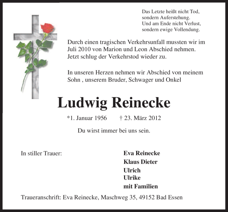 Traueranzeige für Ludwig Reinecke vom 28.03.2012 aus Neue Osnabrücker Zeitung