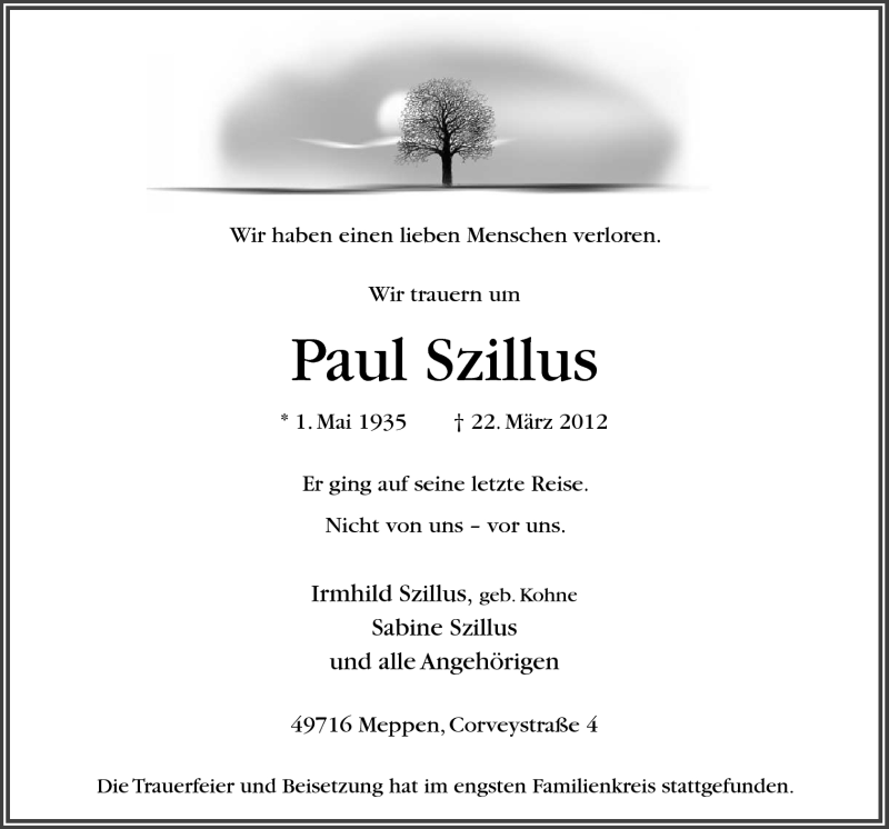  Traueranzeige für Paul Szillus vom 31.03.2012 aus Neue Osnabrücker Zeitung GmbH & Co. KG