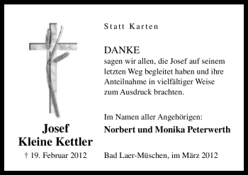 Traueranzeige von Josef Kleine Kettler von Neue Osnabrücker Zeitung