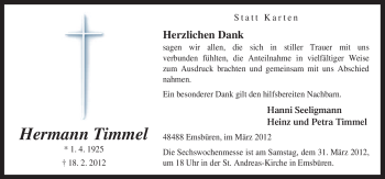 Traueranzeige von Hermann Timmel von Neue Osnabrücker Zeitung