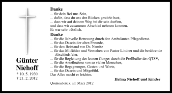 Traueranzeige von Günter Niehoff von Neue Osnabrücker Zeitung GmbH & Co. KG