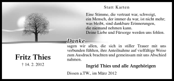 Traueranzeige von Fritz Thies von Neue Osnabrücker Zeitung GmbH & Co. KG