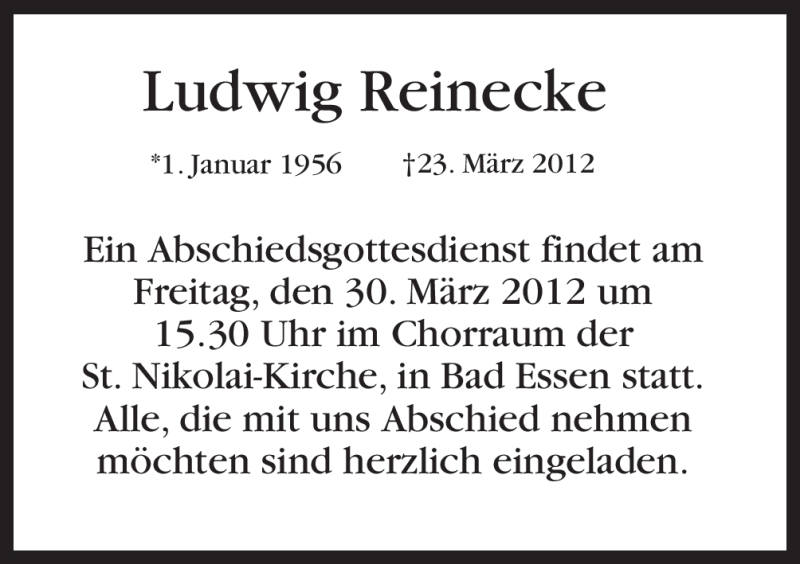  Traueranzeige für Ludwig Reinecke vom 29.03.2012 aus Neue Osnabrücker Zeitung