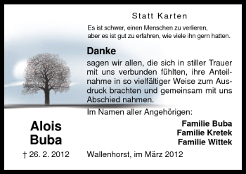 Traueranzeige von Alois Buba von Neue Osnabrücker Zeitung GmbH & Co. KG